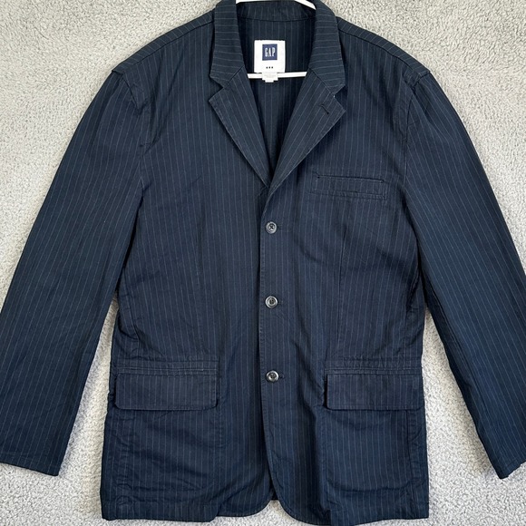 Gap Sports Coat Blazer Men Large Navy Blue Pinstripes Long Sleeve 3 Button Front